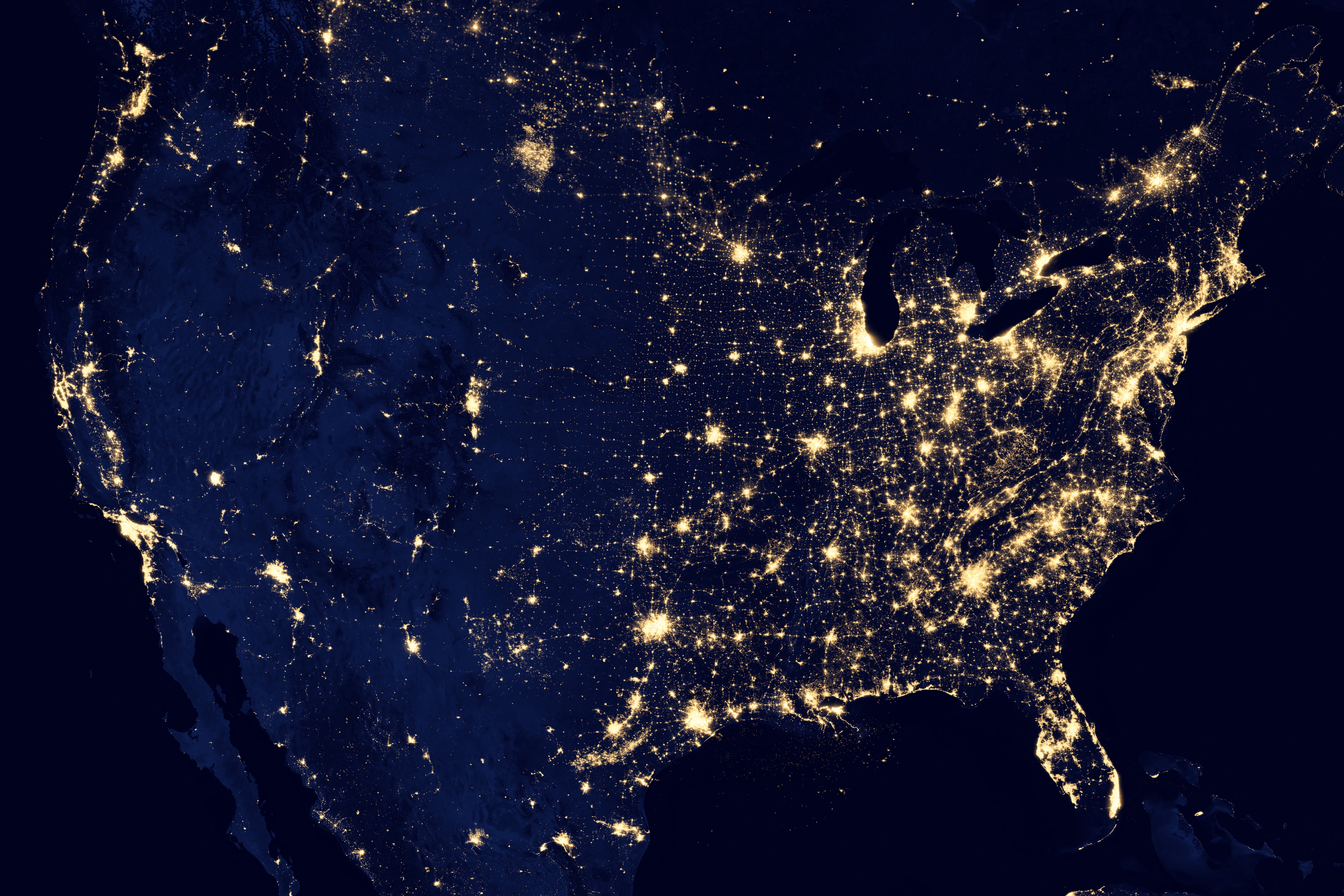 USA satellite image at night with lights.