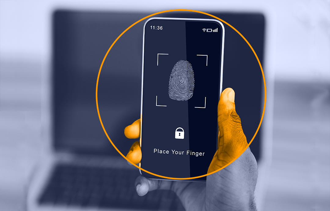 Multi-Factor Authentication - A CISOS Guide - Image of a phone and a finger print with and laptop in the background.