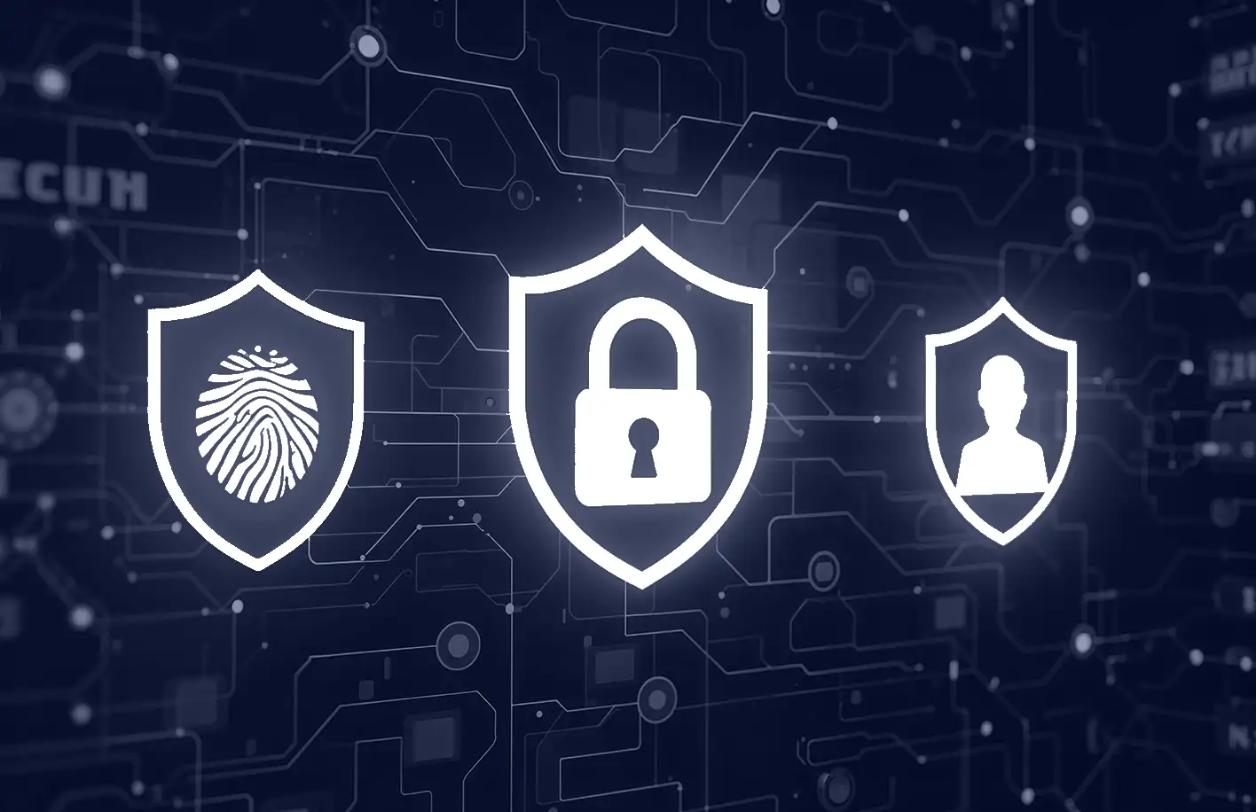 Securing credentials blog - abstract background with three shields showing fingerprint, padlock and a person.